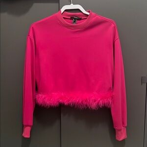 Hot Pink Crop Top Sweater with Feather Trim